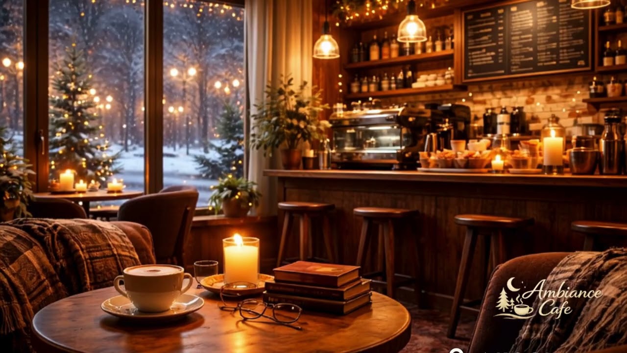 Cozy Winter Café Ambience ❄️☕ | Snowy Night, Warm Lights, Fireplace & Soft Jazz (10 Hours)