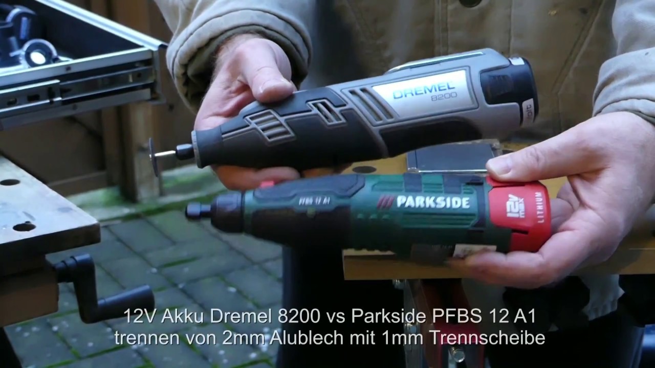 Vergleich Dremel 8200 vs Parkside PFBS12A1 Geradschleifer - trennen von 2mm Alublech