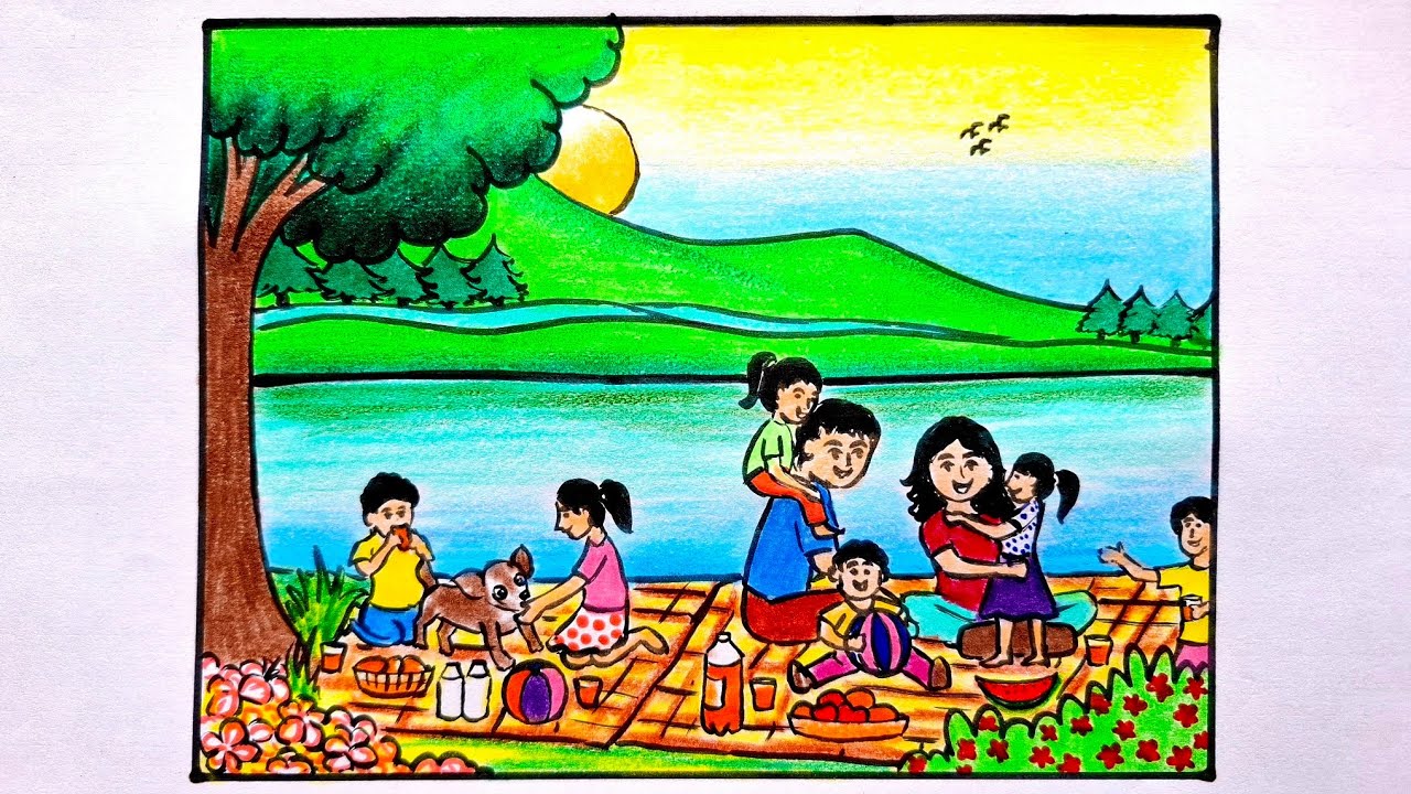 Picnic Drawing | Kids Playing Drawing | Picnic Scenery Drawing | Park Drawing 