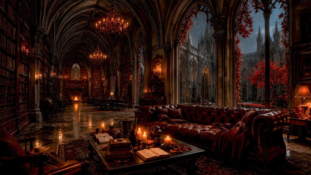Melancholic Autumn Evening in the Cozy Gothic Library | Dark Academia Rain Ambience for Deep Study