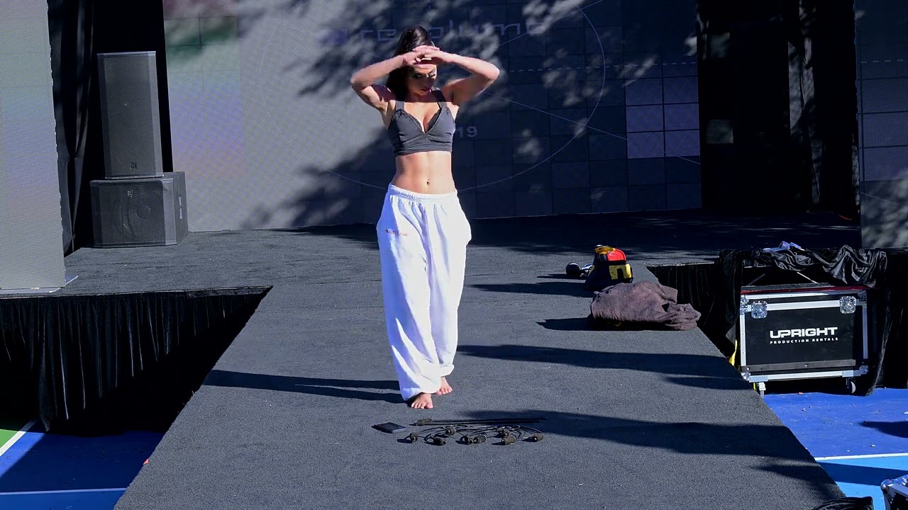 Acrobat stage performer practicing her routine before BTP Halloween Event in Hollywood Hills, CA