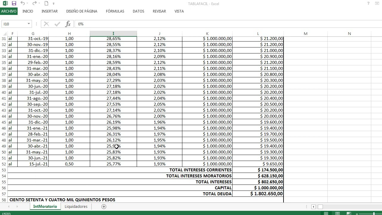 Liquidación Intereses Corrientes y Moratorios ,, Intereses al DTF y de Impuestos Dian - TABLAFACIL