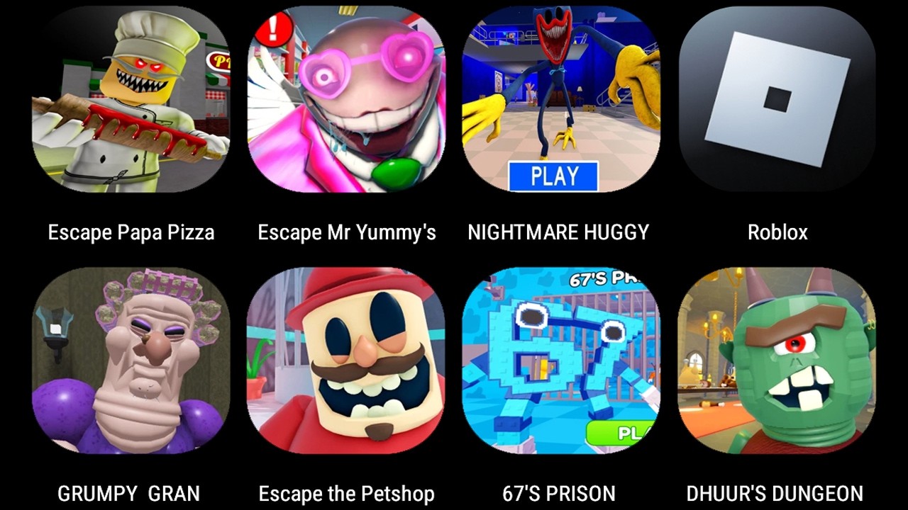 Escape Papa Pizza's Pizzeria,💘 Escape Mr Yummy's,NIGHTMARE HUGGY PRISION,GRUMPY GRAN,67'S PRISON