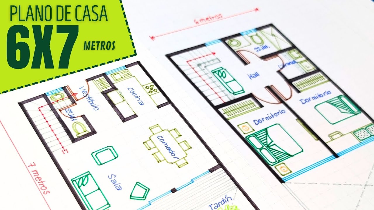 Como diseñar PLANO de CASA de 6x7 metros (Casa de dos pisos)