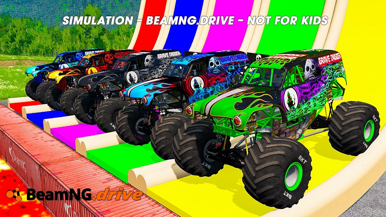 5 MONSTER TRUCKS  vs GIANT COLOR WATER SLIDE #034 - BeamNG.Drive