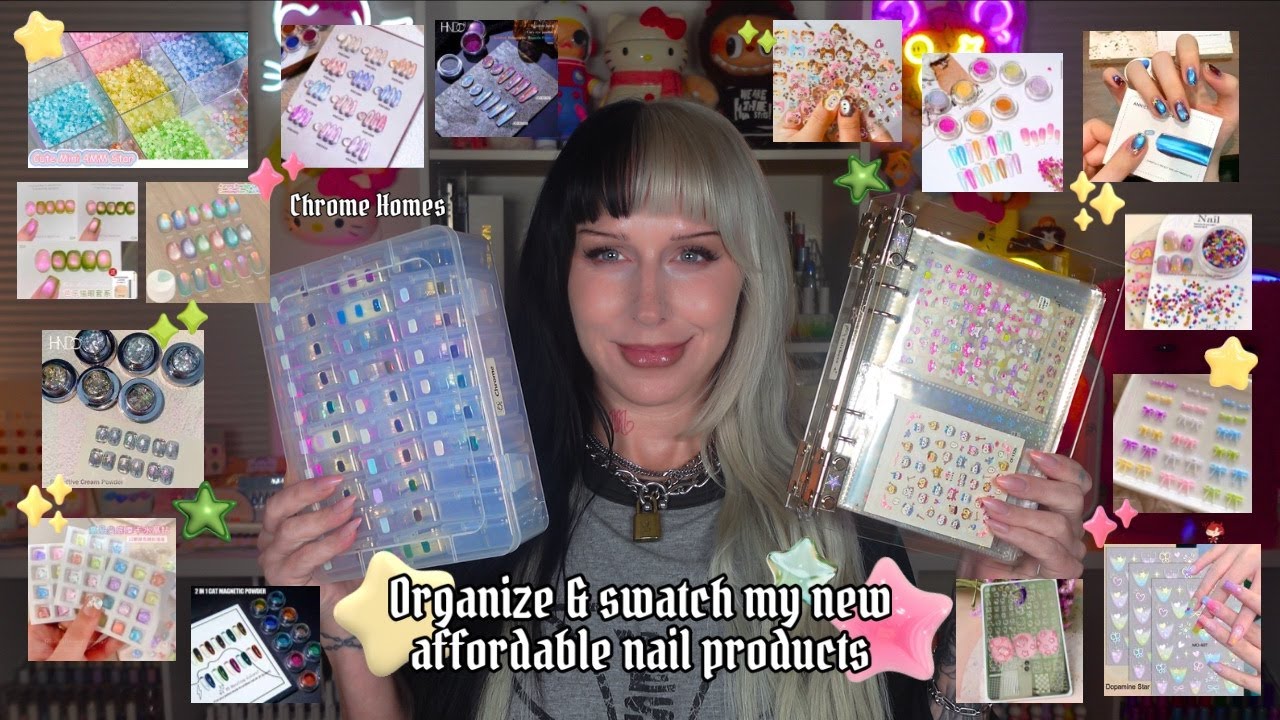 ⋆⭐︎Affordable nail product organize & swatch w. Me✮⋆Magnetic & Chrome Powders | Charms | Gel Polish♡