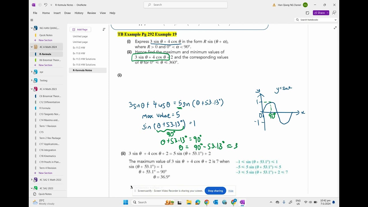 Find maximum and minimum values, using R-formula and its corresponding angles