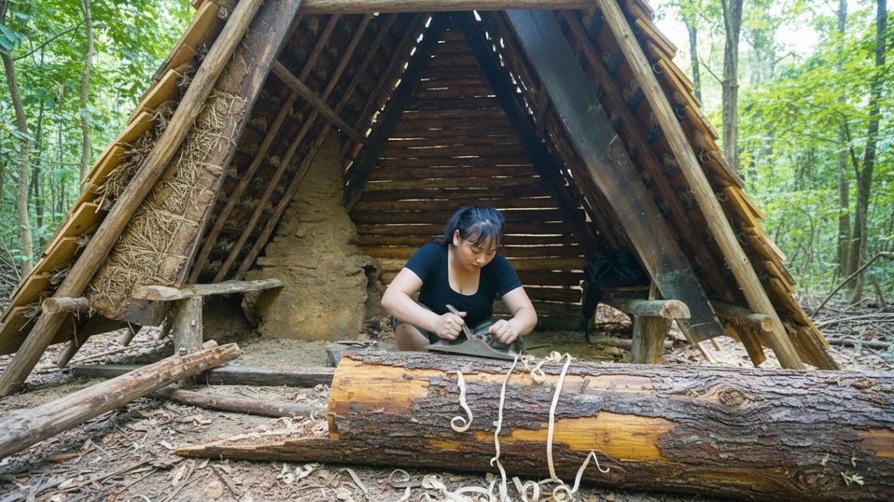 CEO Girl’s Extreme Solo Survival Project – Crafting a Timber House from Ancient Wood 200-Year-Old