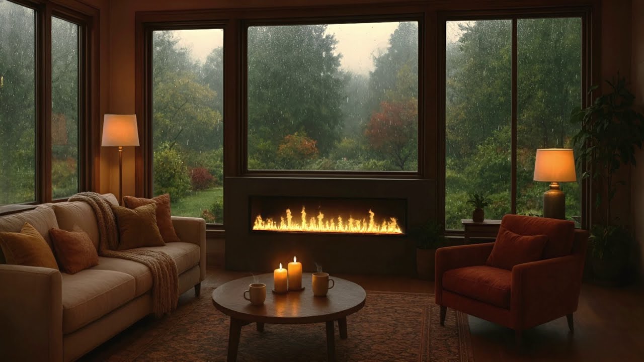 Cozy Retreat with a View: 8 Hours Rain Storm, Cracking Fireplace & Thunder Sounds for Sleep/Study 4K