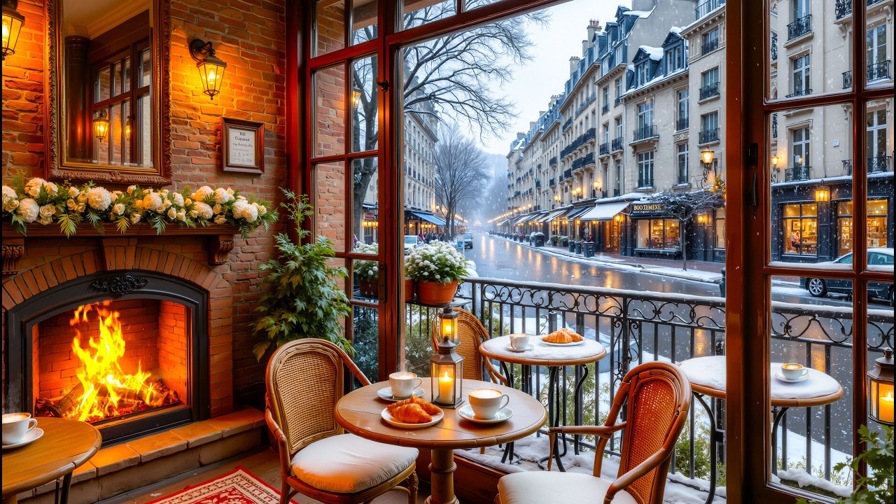 🔥 Snowy Paris Café Ambience ❄️ Cozy Fireplace, Candlelight & Winter Street View