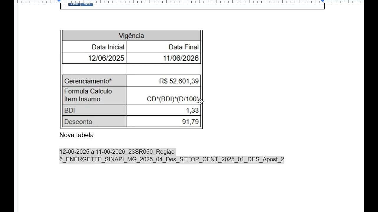 Atualizando tabela de preços - Sistema de Gestão Predial - Vigência Contratual