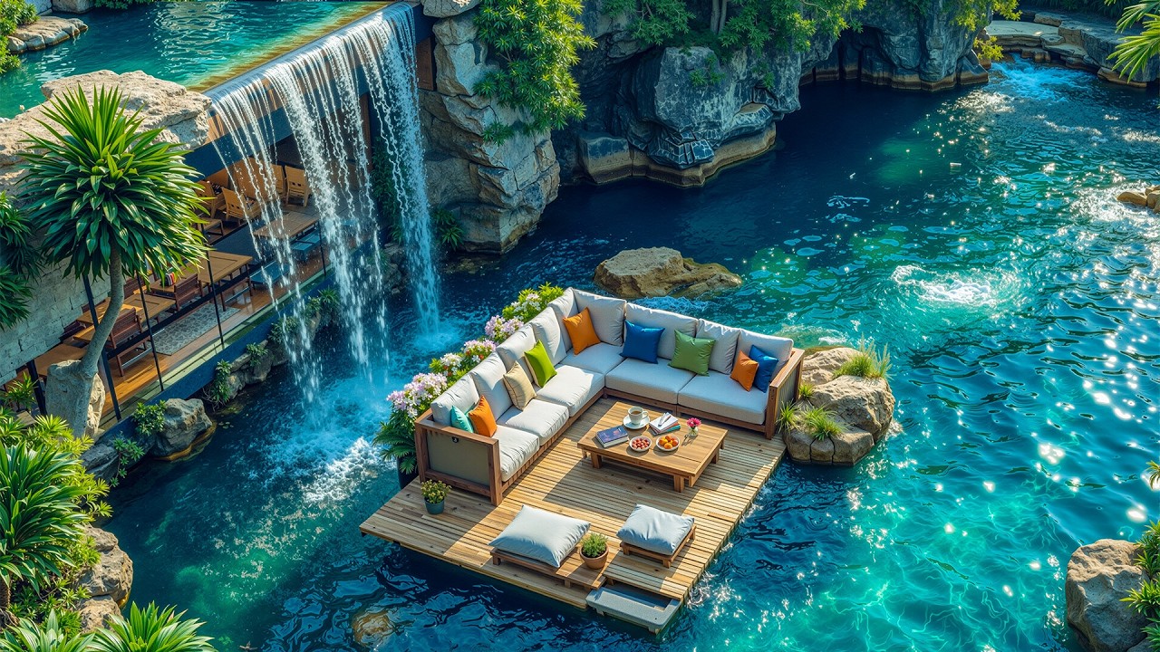 Relaxing Coffee Deck Jazz by the Waterfall 🌿 Smooth Jazz & Gentle Nature Sounds for Focus and Calm