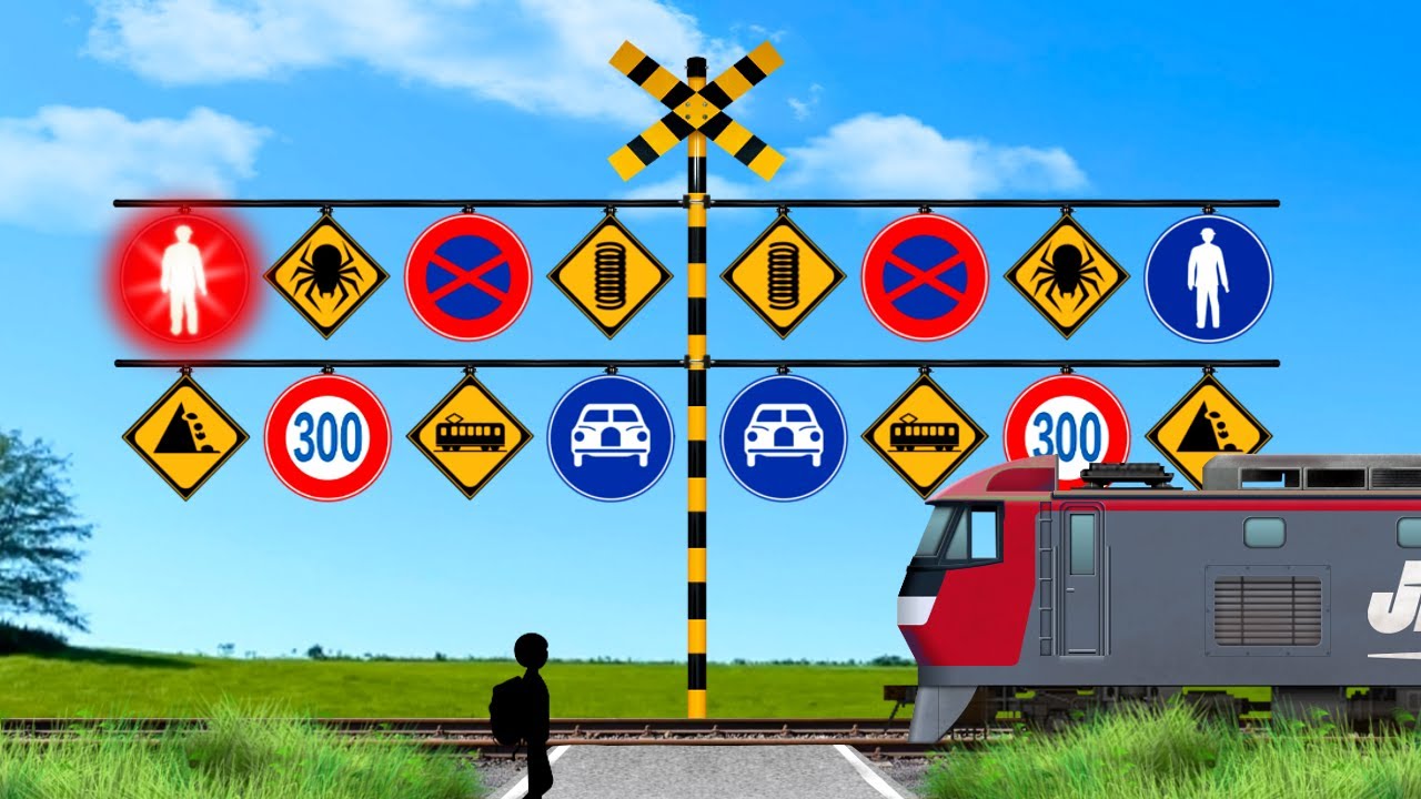 【踏切】踏切に大量の道路標識を設置 |  踏切アニメ / Train & Railroad Crossing - Many Road Signs for Train -
