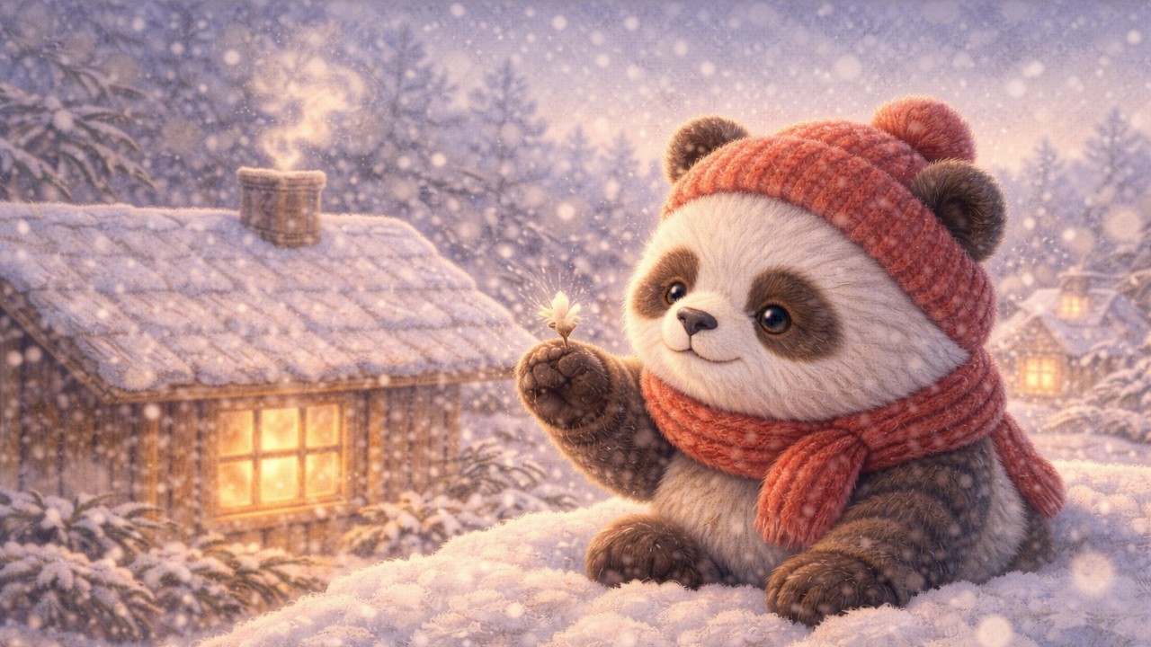 Quiet Panda Village | Snow Drifting Over Rooftops and Bamboo Homes | Calm Music