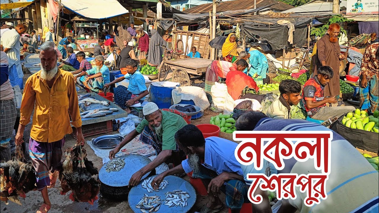  হাস মুরগি  কাঁচা তরকারি ও মাছের বাজার নকলা শেরপুর। 