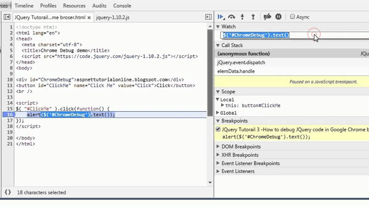 JQuery Tutorial 3 - How to debug JQuery code in Google Chrome Browser