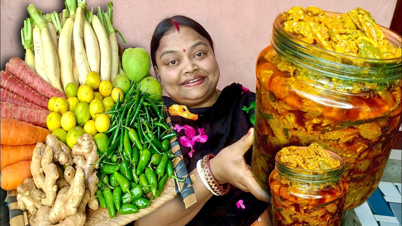 রোদে দেয়ার ঝামেলা ছাড়াই সহজ উপায়ে আচার রেসিপি | mix veg pickle | গাজর মুলো আদা দিয়ে মিক্স আচার 