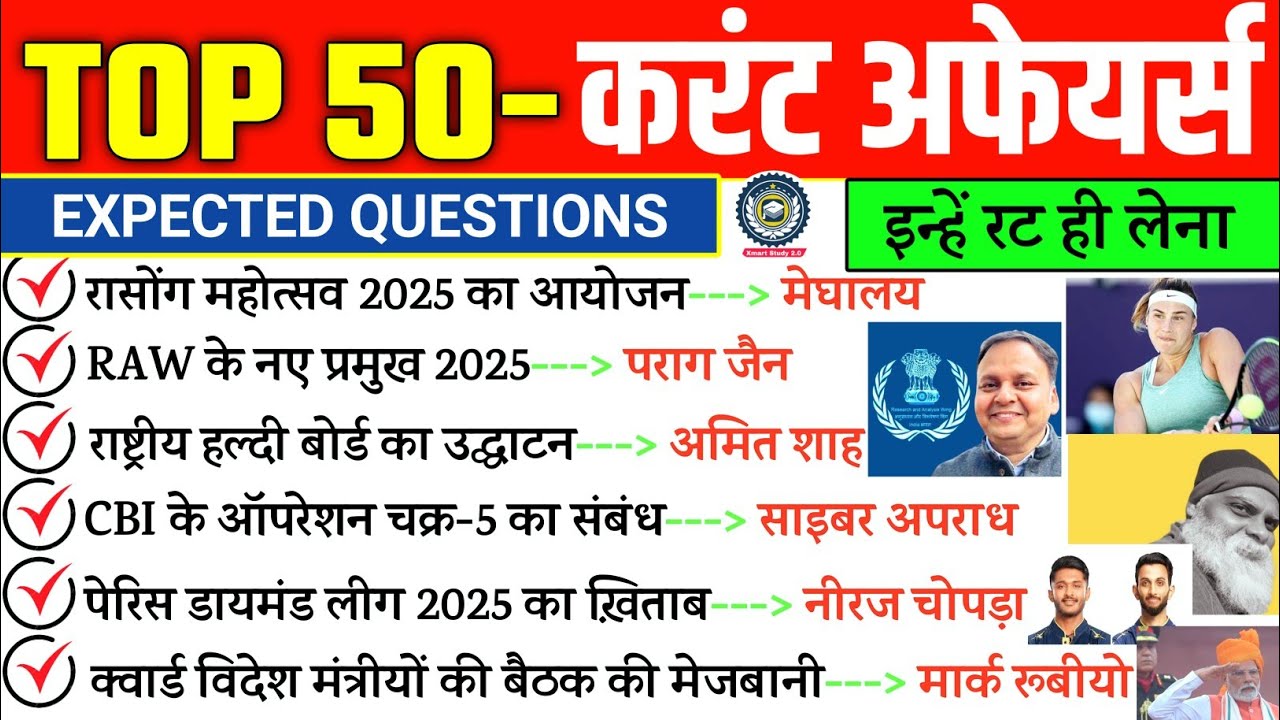 Top 50 Current Affairs 2025 | Current Affairs 2025 important question | last six months current 2025