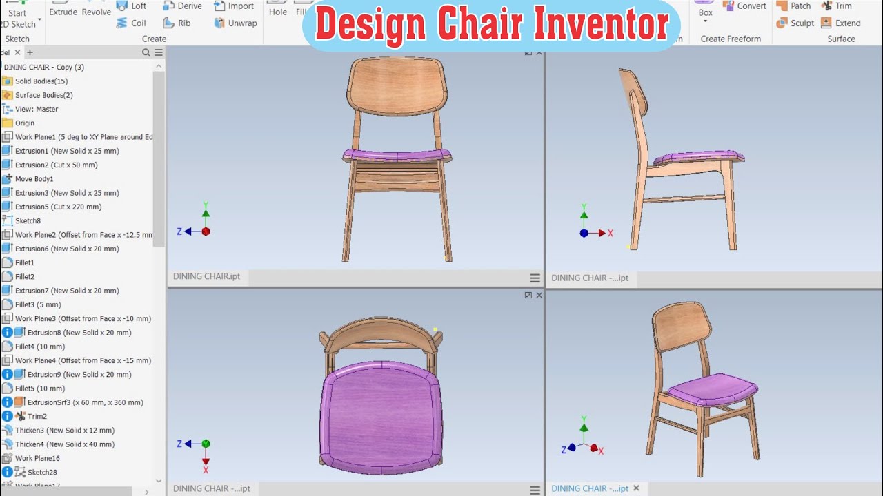 Học vẽ 3d inventor, học inventor 3d nội thất, vẽ ghế bằng inventor/design chair inventor .