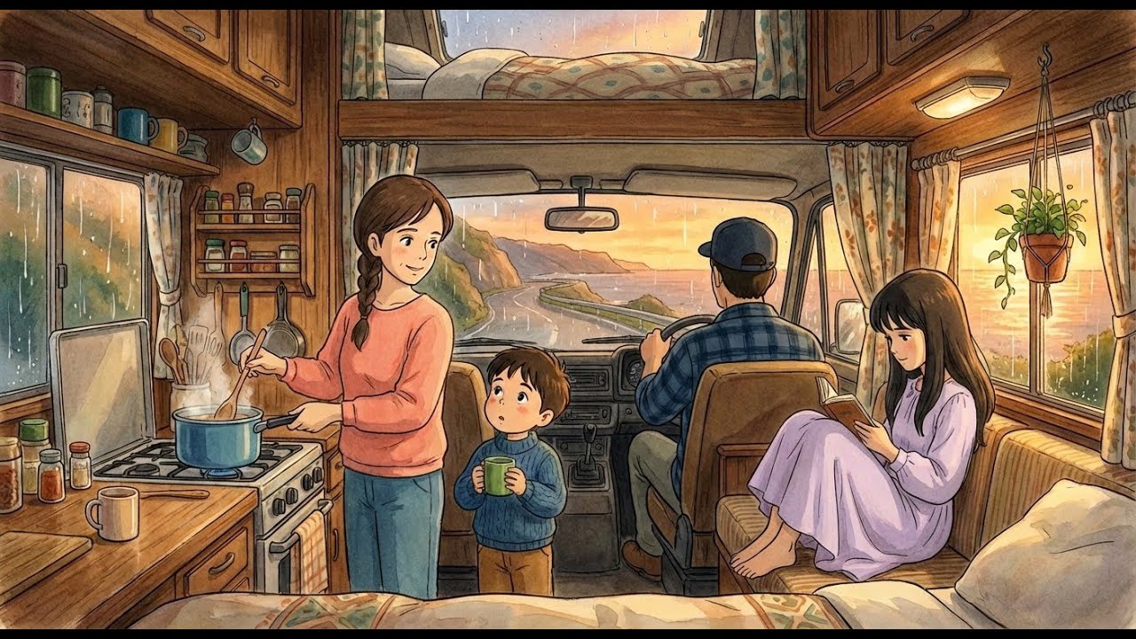 A Rainy Day in Our Mobile Home: Cozy Family Moments | Ghibli-Style Animation