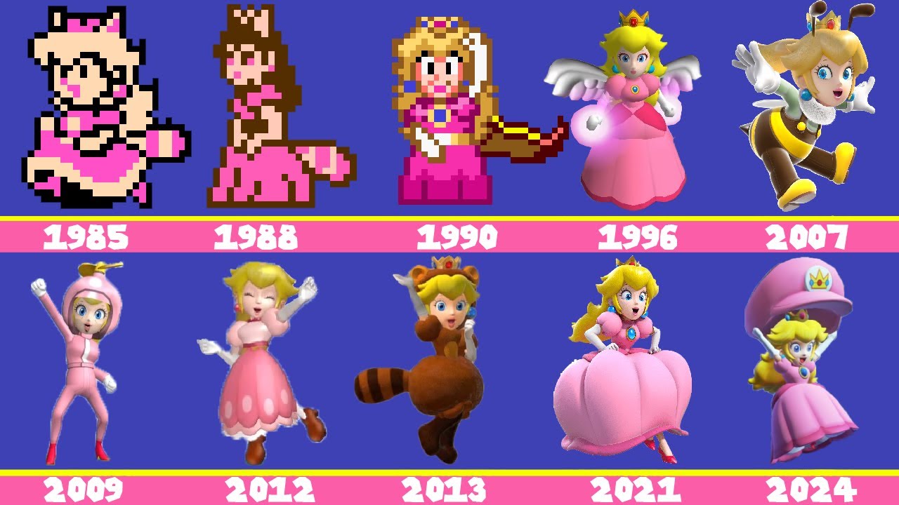 Evolution of Princess Peach Flying Power-ups, Animations Super Mario Games And Fan Mod (1988-2024)