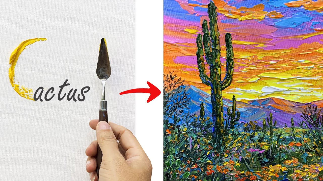 How to Paint Desert Cactus Landscape using a Palette Knife / Acrylic Painting