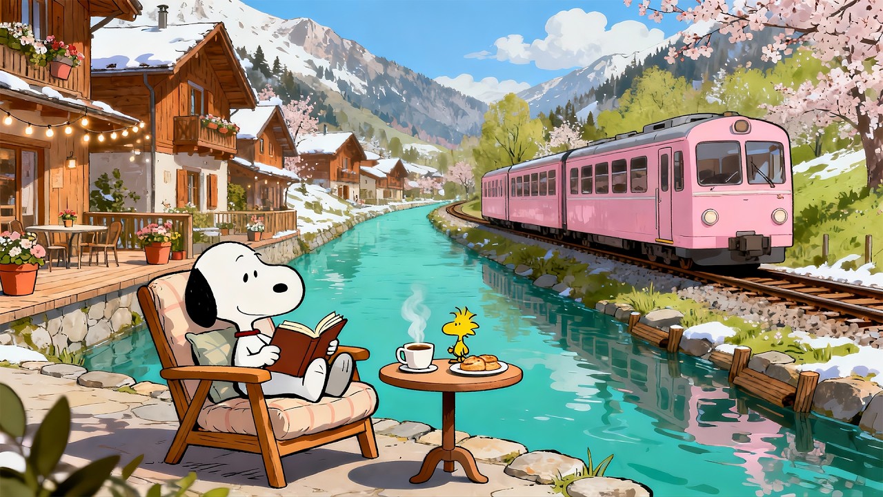 Smooth Lofi Music by a Spring Riverside Train 🌸 Snoopy Reading Calmly for Focus, Study & Relax