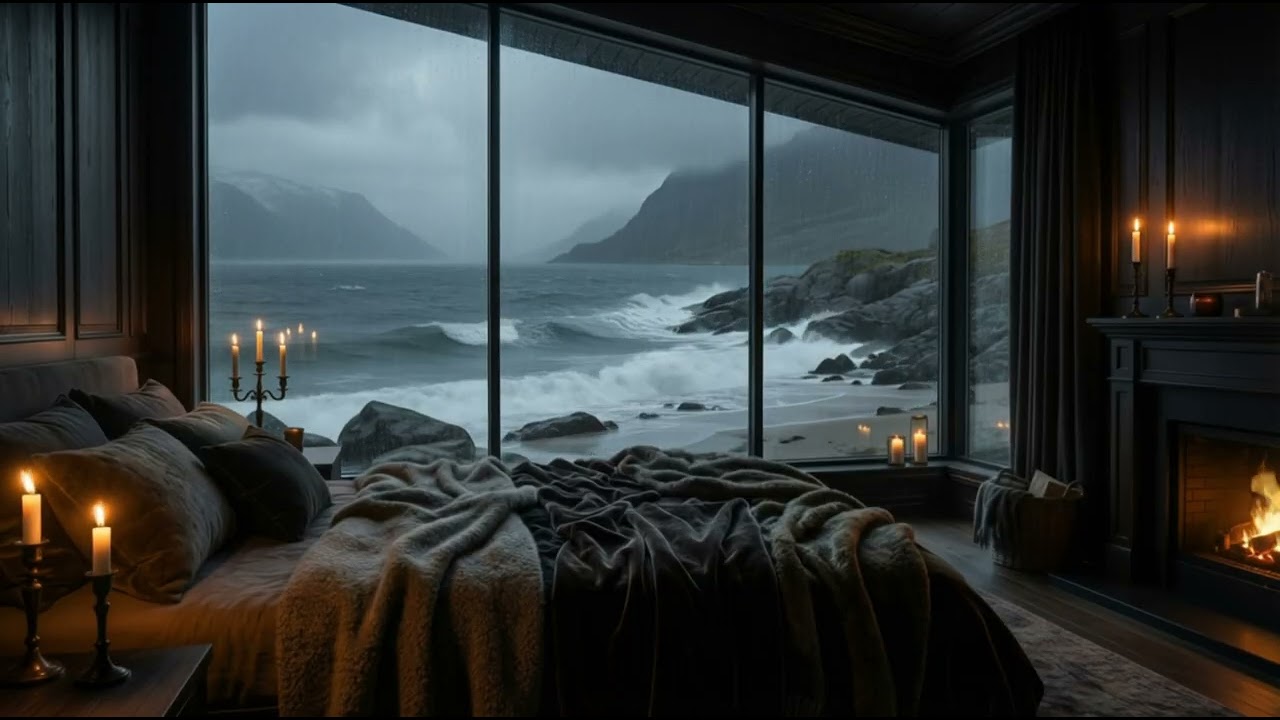 Calming Rain & Thunder in a Luxury Nordic Bedroom (No Ads) | Ocean Storm for Deep Sleep | 10 Hours