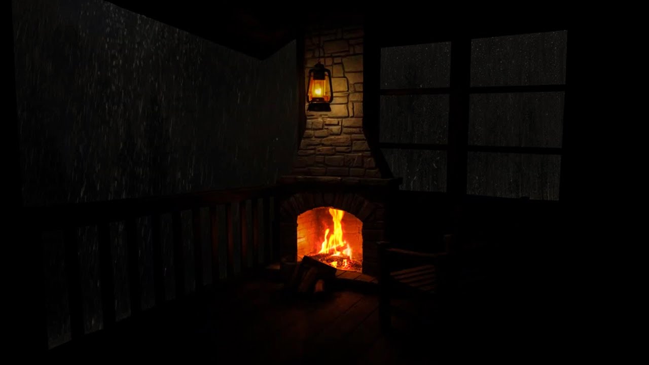 Warm Hearth by the Balcony 🔥 Soft Rainfall Outside | Relaxing Night Atmosphere
