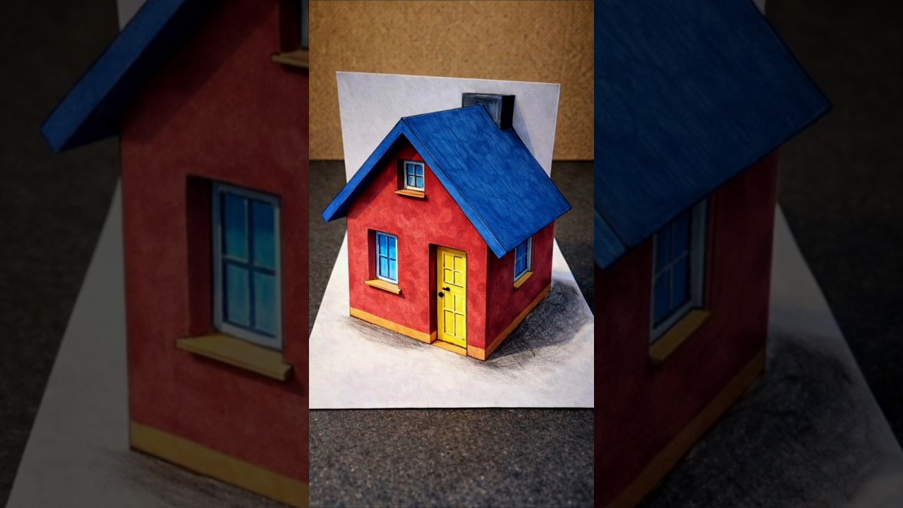 Как нарисовать 3D-домик: настоящая иллюзия 😱 #рисунок #3dдомик #искусство #простойрисунок #оптиче...