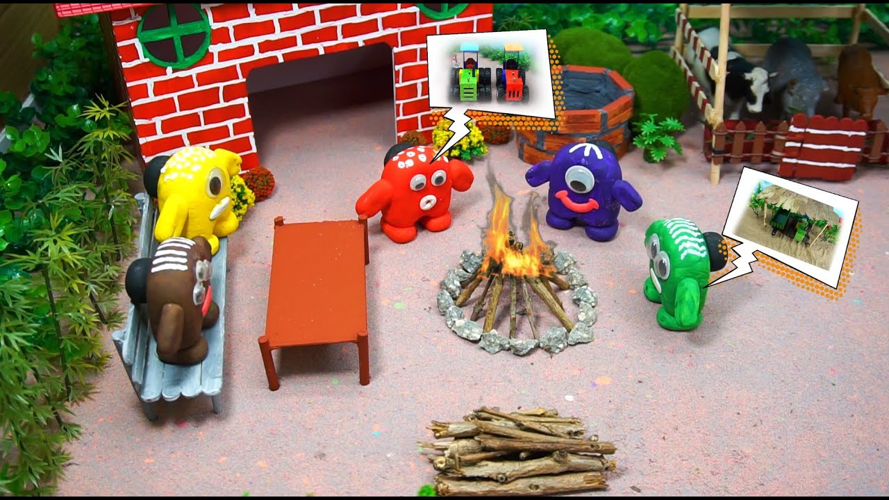 Farm Animal Toys in the sandbox ,Diy tractor making mini concrete bridge