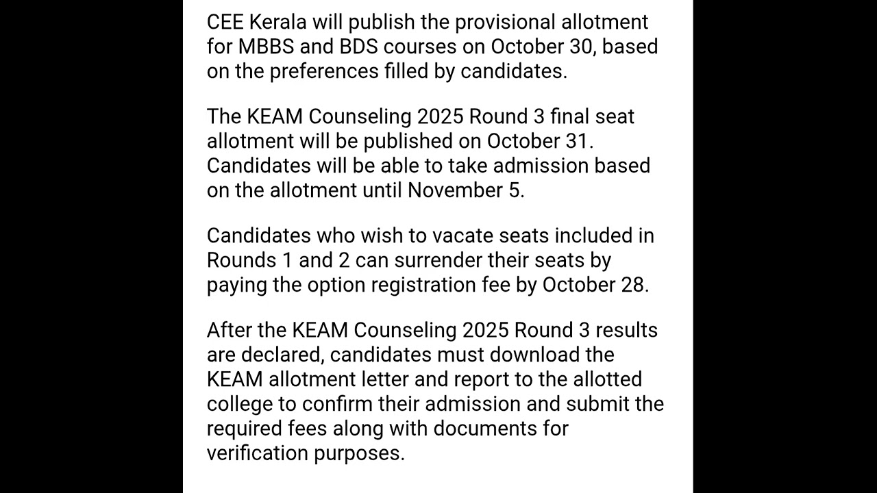 CEE Kerala provisional allotment for MBBS and BDS courses on October 30, 