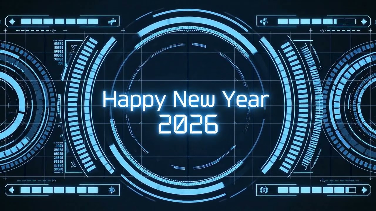 Happy New Year 2026 Futuristic Digital Loop (Blue Tech Background)