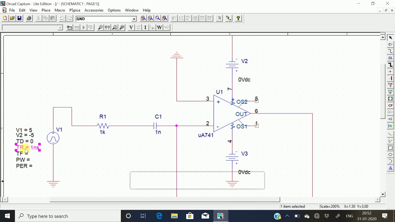 OP-AMP Diffrentiator  Pspice simulation [[LIC Experiment 2 Part -A]]