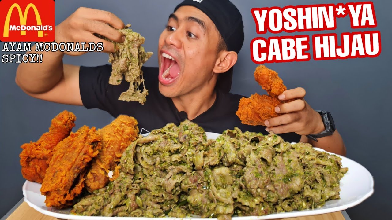 MUKBANG 1 KG DAGING YOSHIN*YA CABE HIJAU PAKE AYAM MCDI SPICY!!