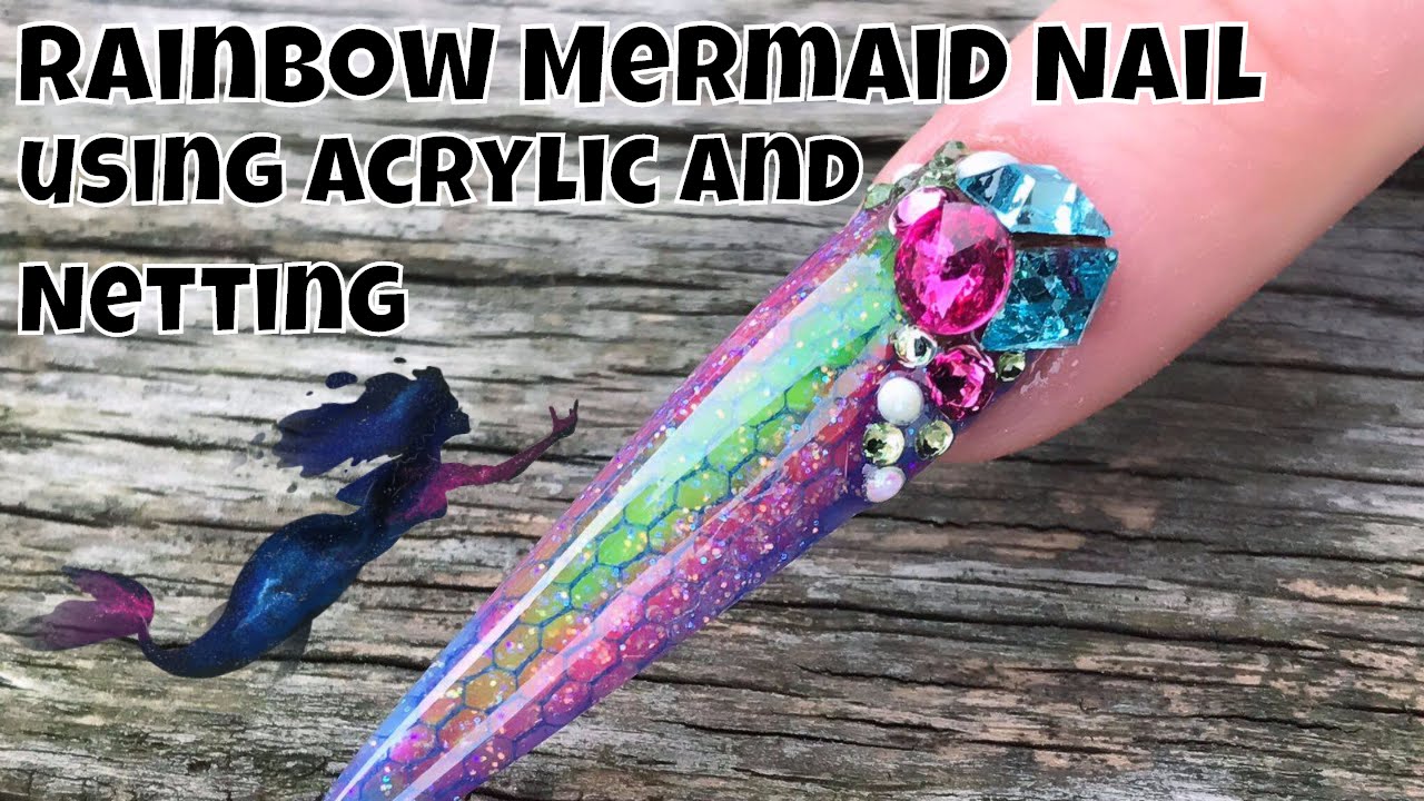 Rainbow Mermaid Nail with Neon Acrylic and Netting