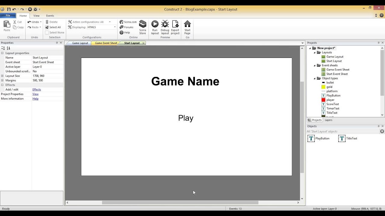 Building Games in Construct 2 Part 9- Adding a Start Screen