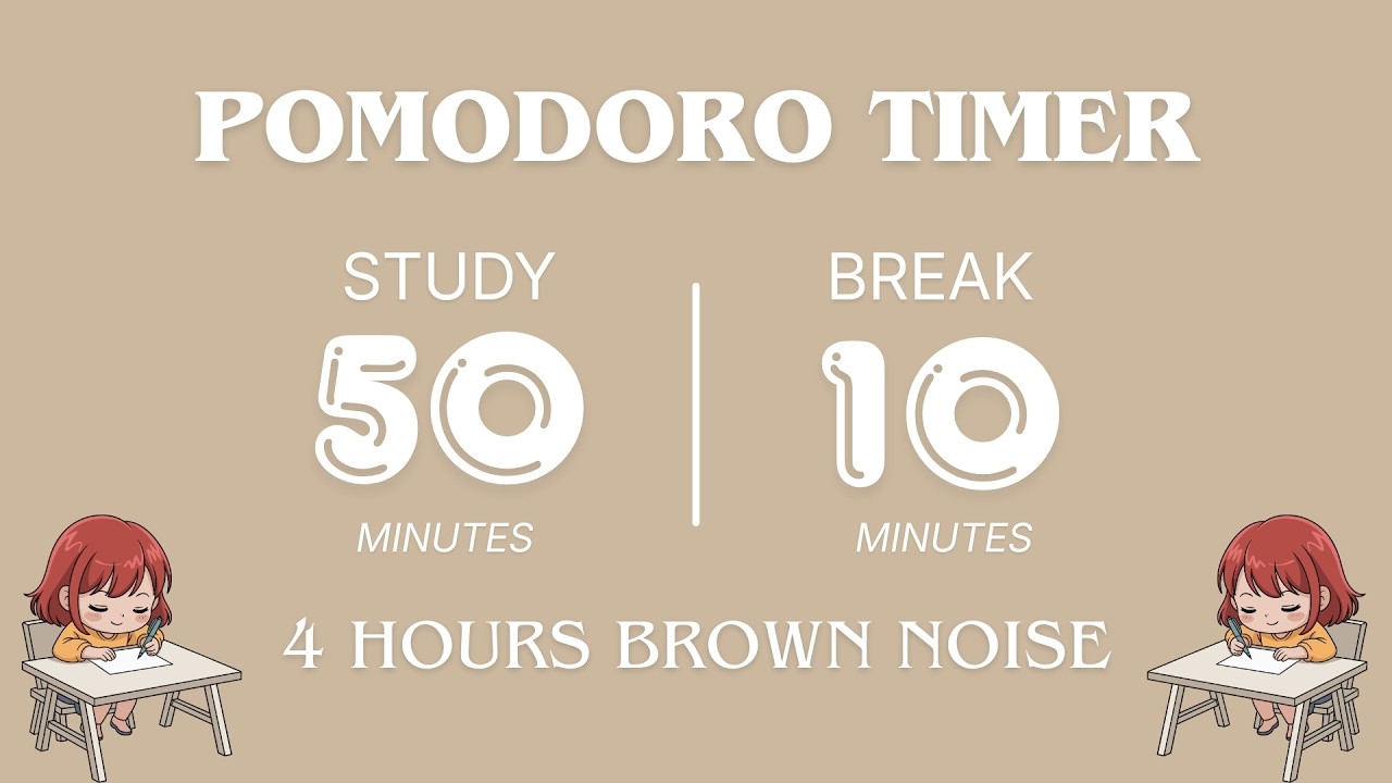 50/10 Pomodoro Timer with Brown Noise 🎧 4Hours Study with Me for Deep Focus, Study & ADHD ✨