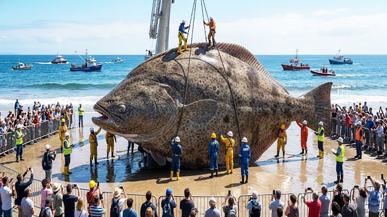 Захватывающее зрелище: улов гигантской камбалы 🐋 Жизнь рыбаков в море – ei