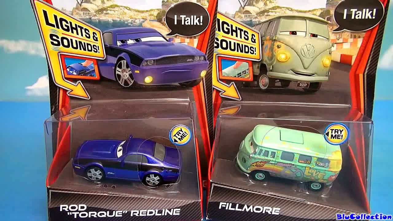 Lights Sounds Fillmore Rod Torque Redline CARS 2 Disney Talking toys Diecast review Blucollection