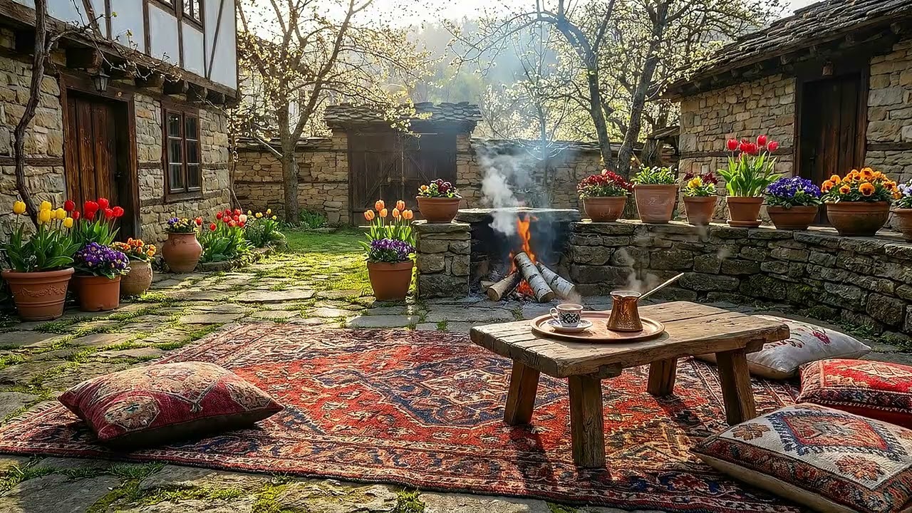 Early Spring in the Village: Coffee by the Fireplace & Blooming Flowers