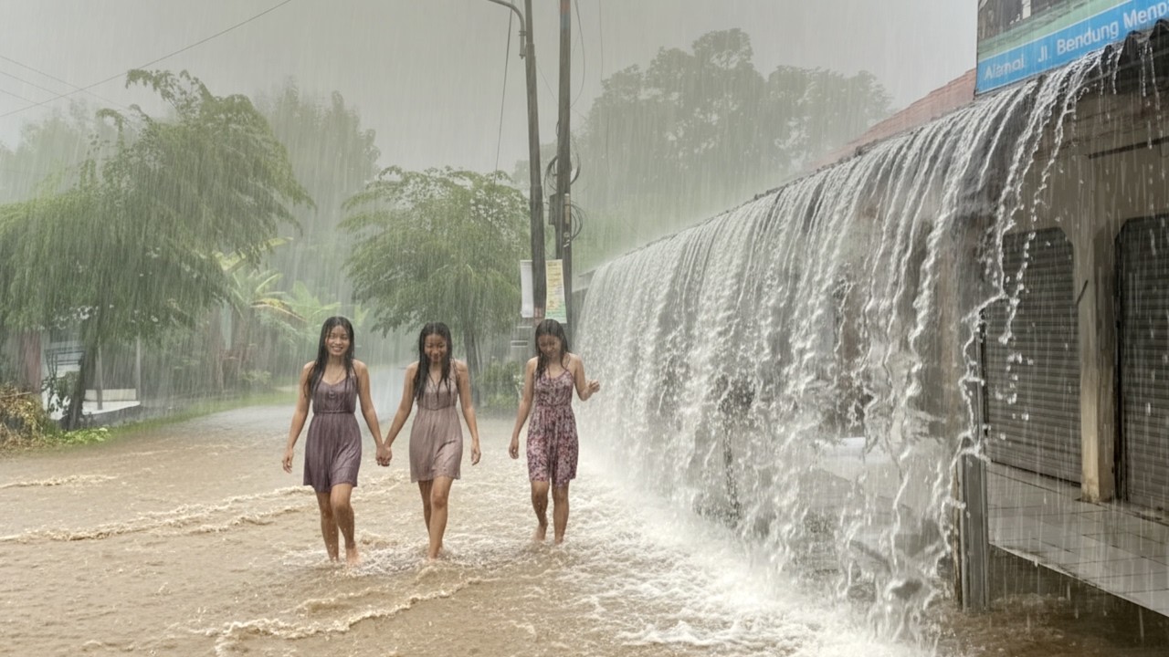 Super heavy rainstorm in green village, heavy rain and strong wind storms always scare the village
