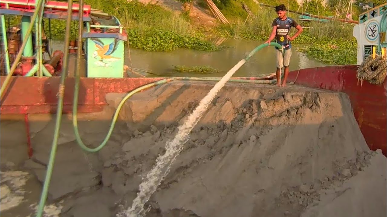 River Sand Mining: Powerful Water Jet Pump Loading a Barge | Sand Flow Chronicles