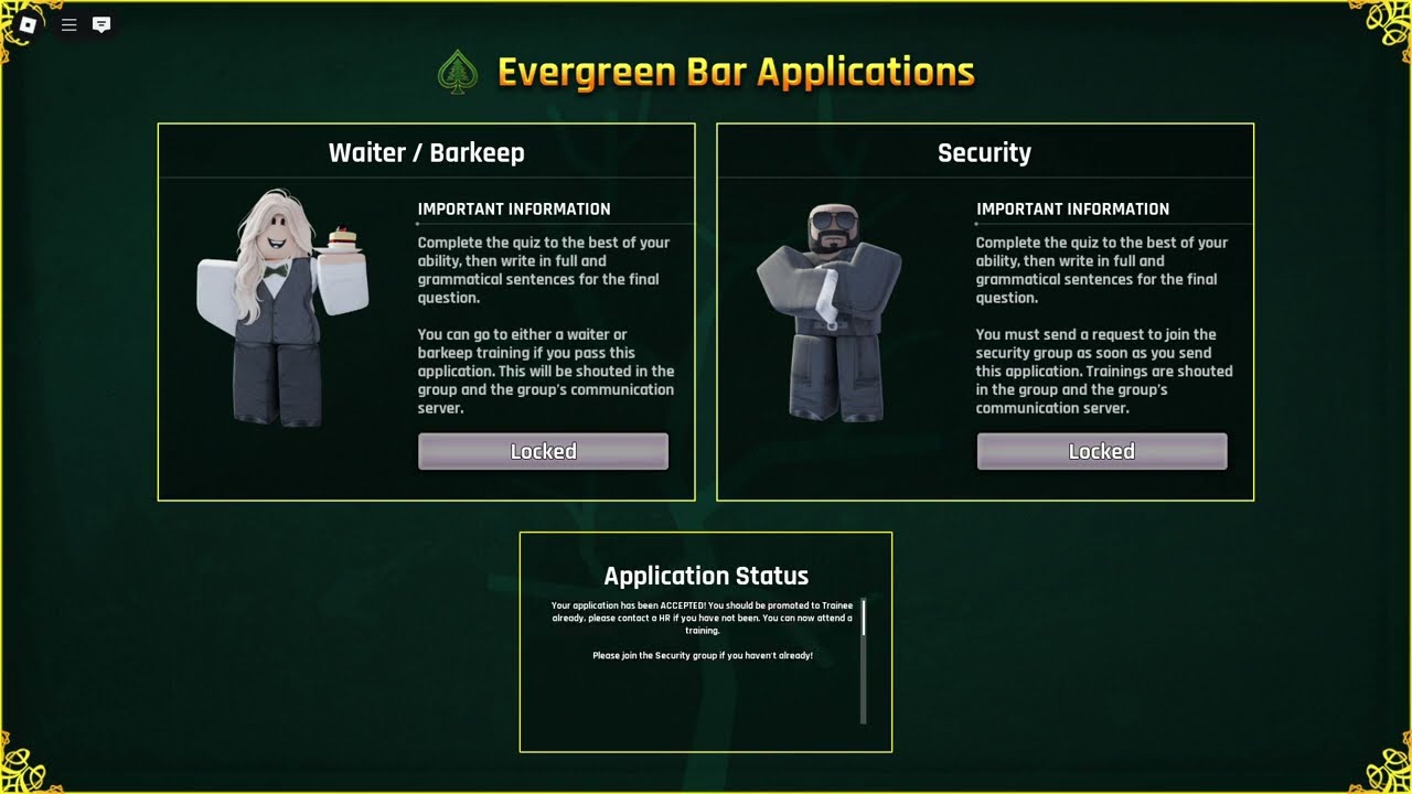 Evergreen Bar Security Job Interview Application/ Quiz Answers 2025 [ROBLOX]