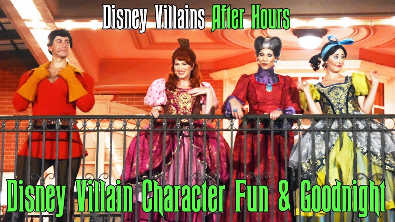 Disney Villains After Hours Character Goodnight at Magic Kingdom Train Station w/Gaston, Cruella +