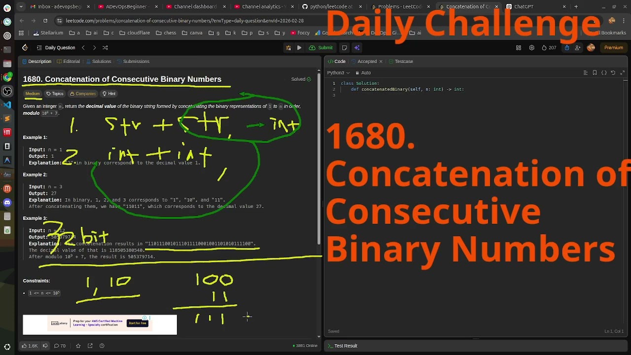 Leetcode Daily Challenge 1680. Concatenation of Consecutive Binary Numbers#python #dsa