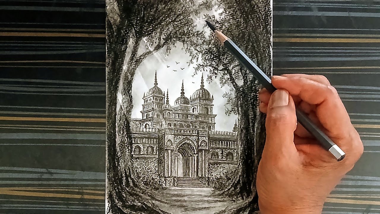 Majestic palace entrance drawing step by step charcoal pencil art.