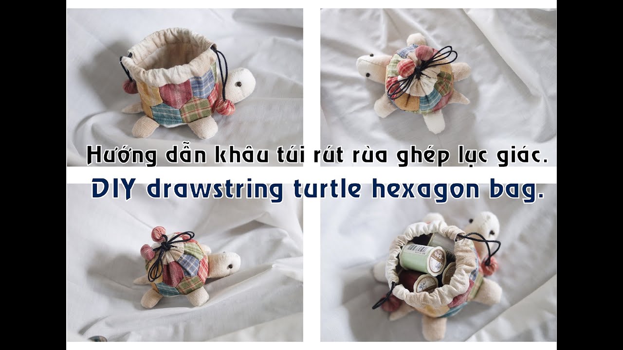 QUILTING | DIY drawstring turtle hexagon bag | Hướng dẫn khâu túi dây rút rùa ghép lục giác.