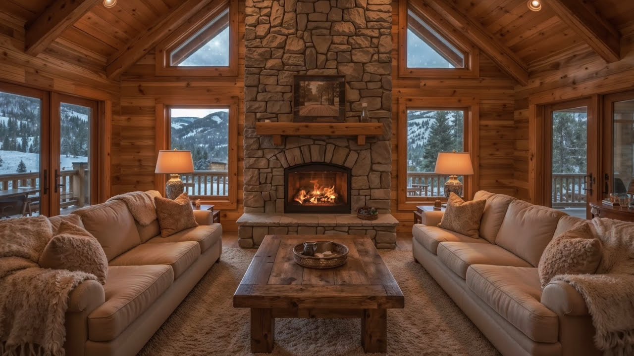 Cozy Mountain Cabin Fireplace | 1 HOUR Warm Winter Ambience 🏔️🔥