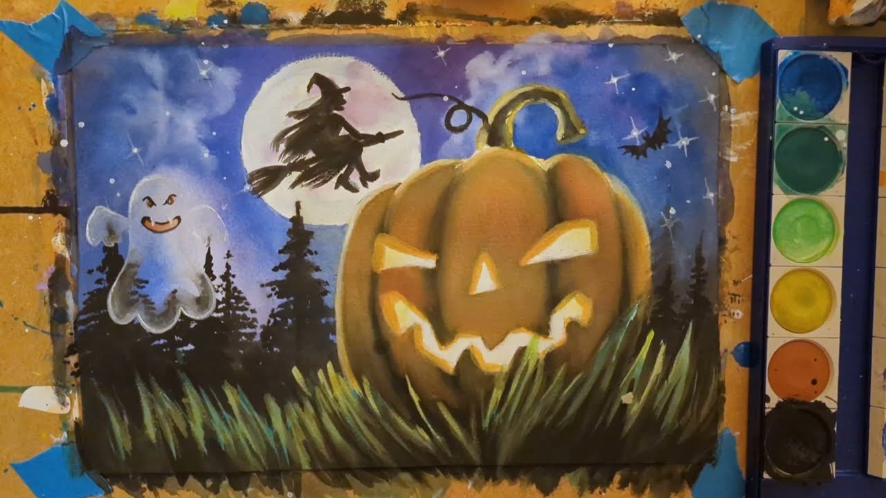 Halloweenbild mit Deckfarben malen - Schritt f&uuml;r Schritt Anleitung ab 6 Jahre